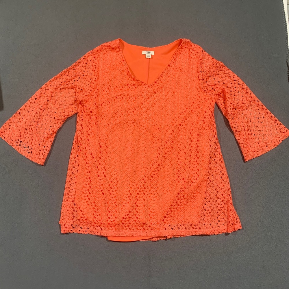 Cato Woman 18/20W Orange Crochet 3/4 Bell Sleeve Tunic Top‎ Blouse Plus Size
